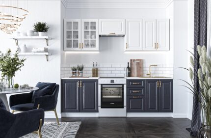 VIKTORIA 240 kitchen set, color: front - white / dark blue, body – white ,worktop – white
